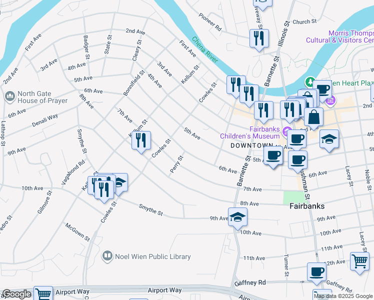 map of restaurants, bars, coffee shops, grocery stores, and more near 834 6th Avenue in Fairbanks