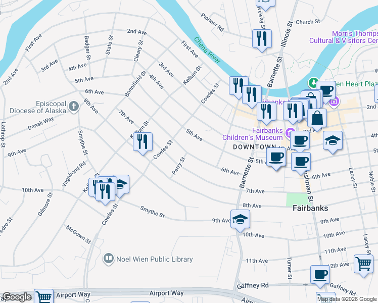 map of restaurants, bars, coffee shops, grocery stores, and more near 834 6th Avenue in Fairbanks