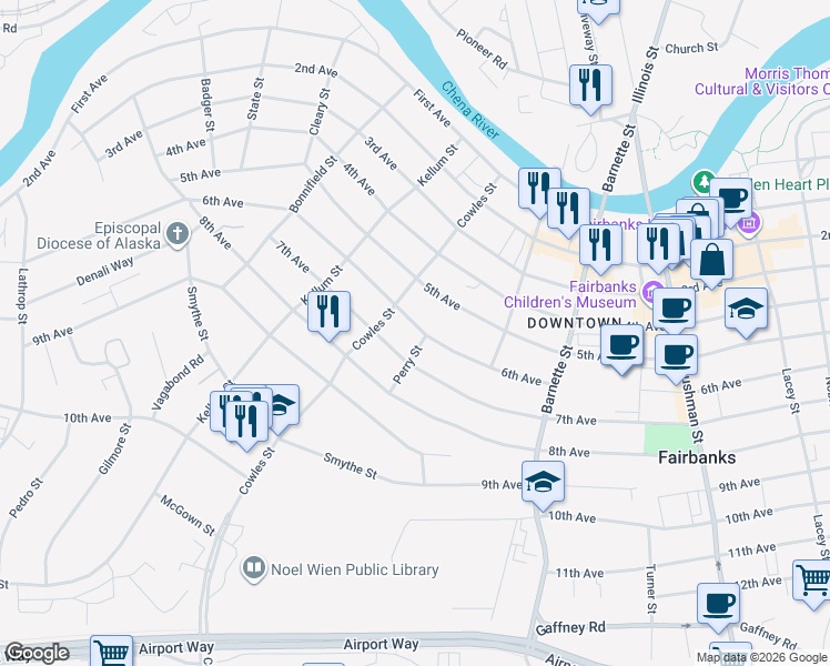 map of restaurants, bars, coffee shops, grocery stores, and more near 834 6th Avenue in Fairbanks