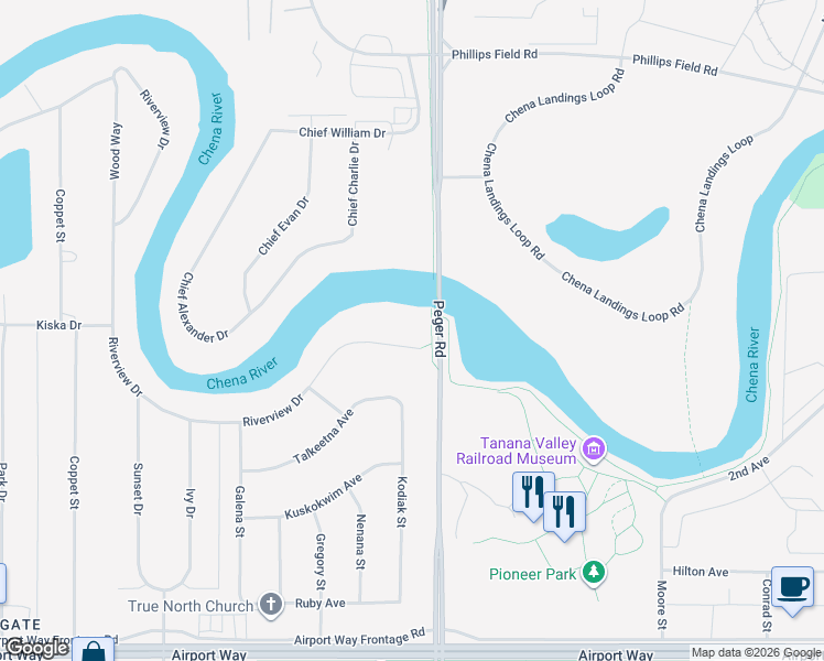 map of restaurants, bars, coffee shops, grocery stores, and more near 2514 Riverview Drive in Fairbanks