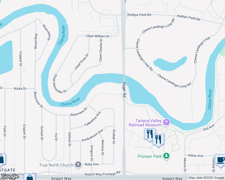 map of restaurants, bars, coffee shops, grocery stores, and more near 2514 Riverview Drive in Fairbanks
