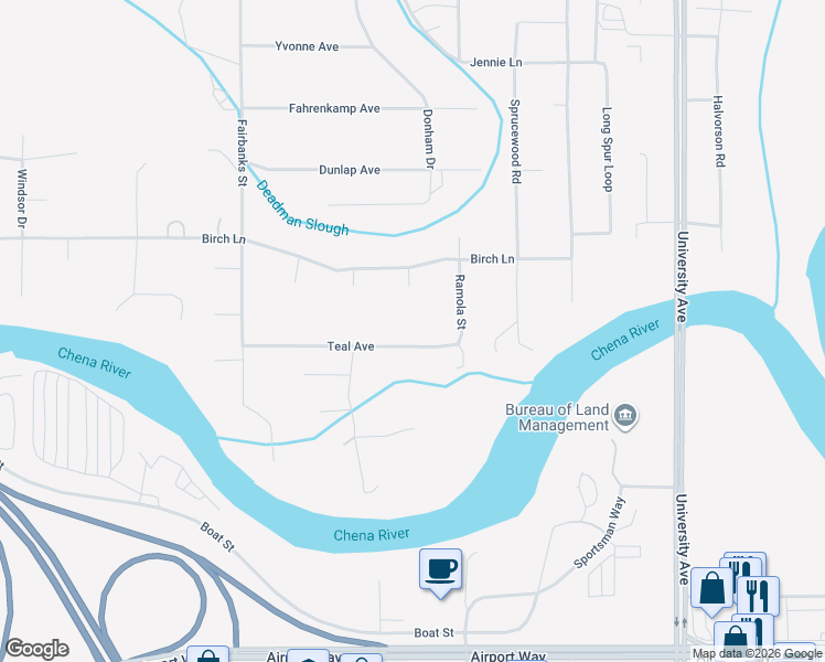 map of restaurants, bars, coffee shops, grocery stores, and more near 4030 Teal Avenue in Fairbanks