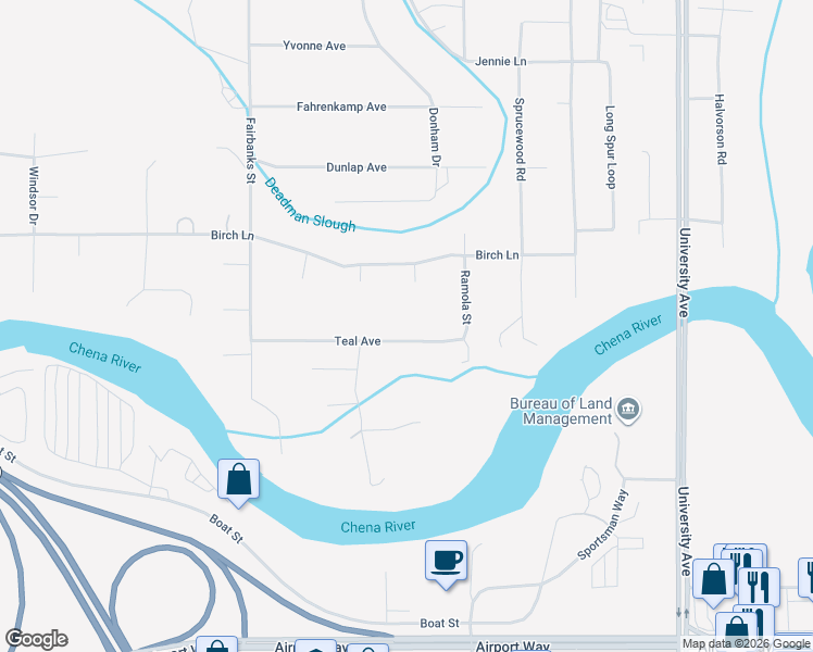 map of restaurants, bars, coffee shops, grocery stores, and more near 4030 Teal Avenue in Fairbanks