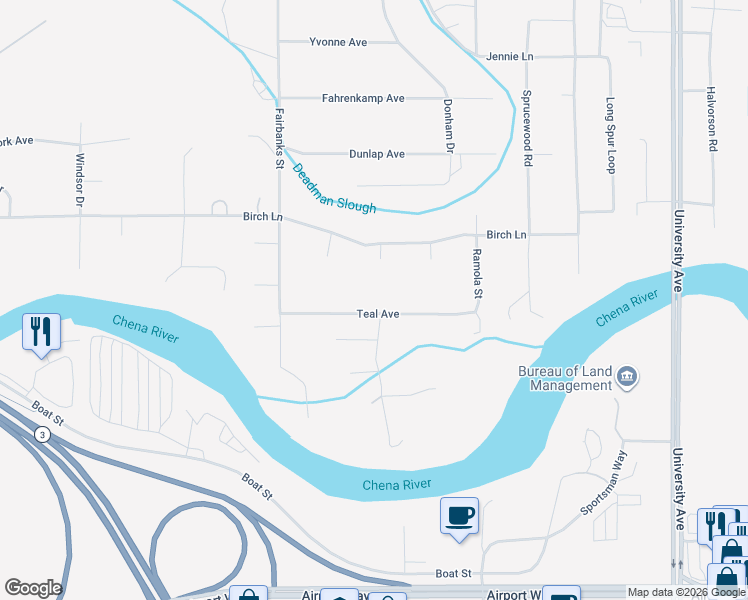 map of restaurants, bars, coffee shops, grocery stores, and more near 4048 Teal Avenue in Fairbanks