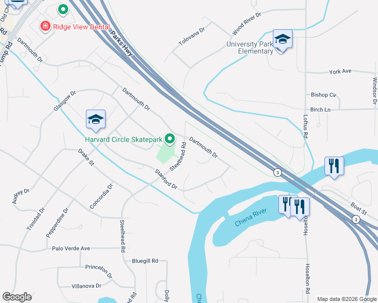 map of restaurants, bars, coffee shops, grocery stores, and more near 258 Yale Way in Fairbanks