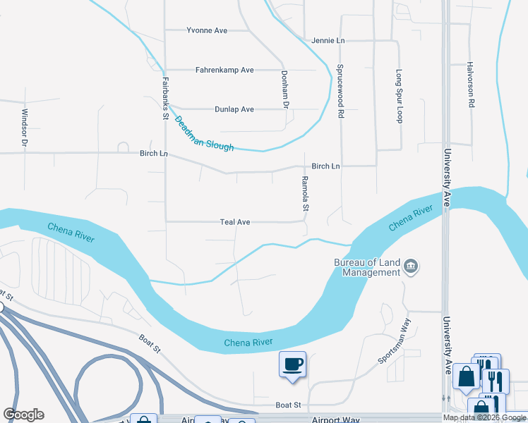 map of restaurants, bars, coffee shops, grocery stores, and more near 4030 Teal Avenue in Fairbanks