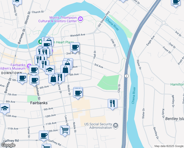 map of restaurants, bars, coffee shops, grocery stores, and more near 475 Hall Street in Fairbanks