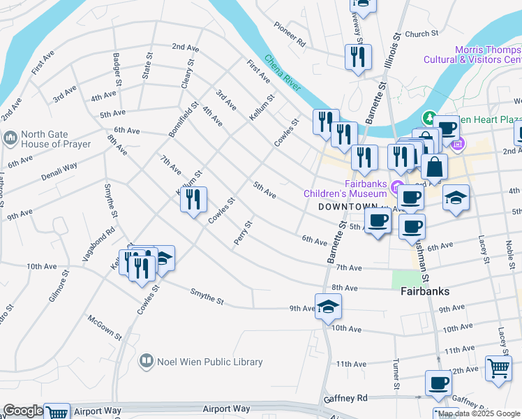 map of restaurants, bars, coffee shops, grocery stores, and more near 834 6th Avenue in Fairbanks