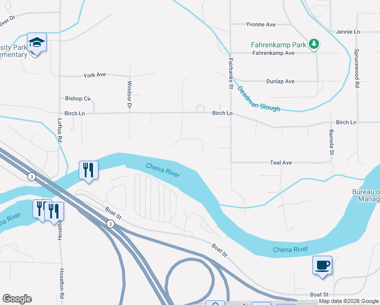 map of restaurants, bars, coffee shops, grocery stores, and more near 415 Iver Street in Fairbanks