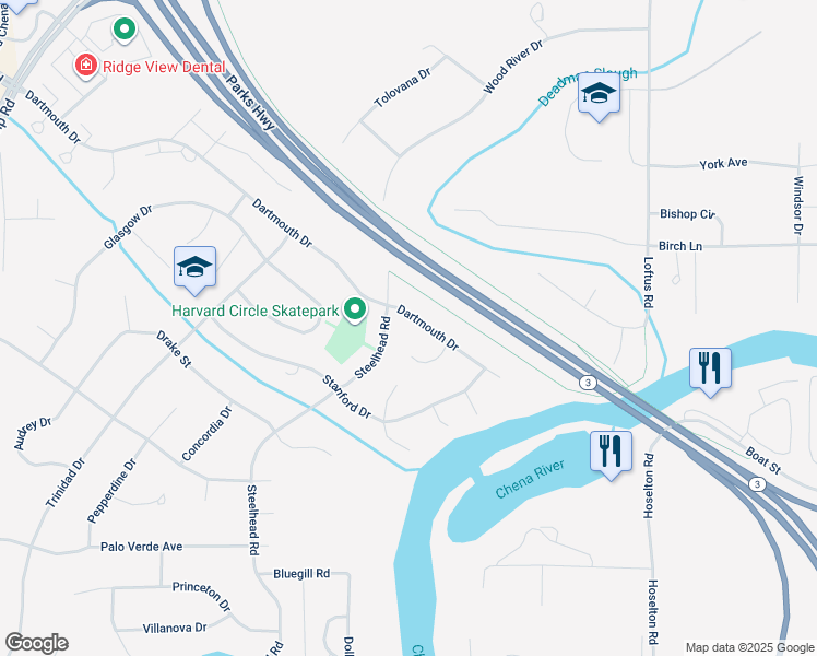 map of restaurants, bars, coffee shops, grocery stores, and more near 4475 Dartmouth Drive in Fairbanks