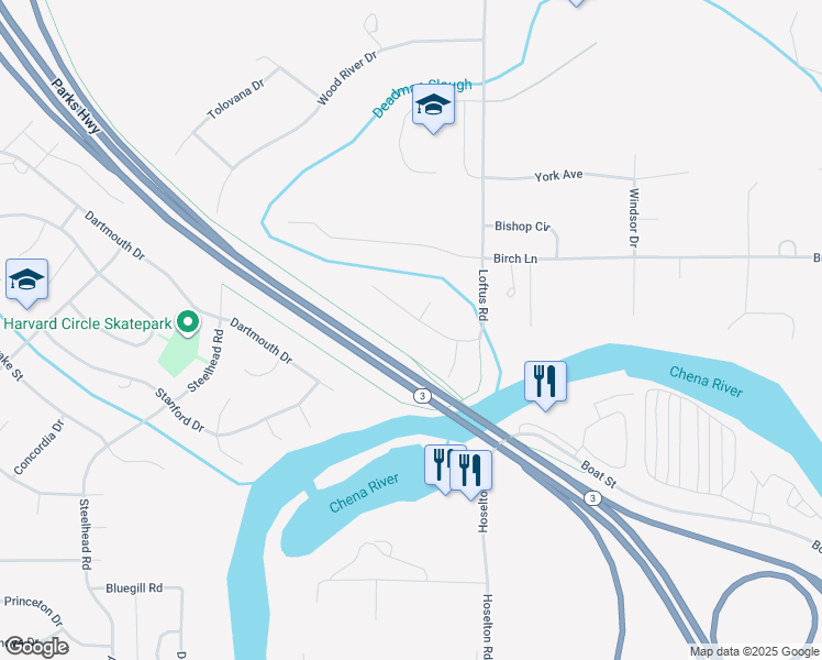 map of restaurants, bars, coffee shops, grocery stores, and more near 4445 Condor Court in Fairbanks
