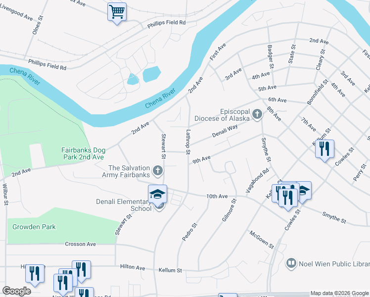 map of restaurants, bars, coffee shops, grocery stores, and more near 702 Stewart Street in Fairbanks