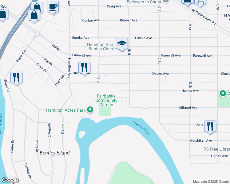 map of restaurants, bars, coffee shops, grocery stores, and more near 104 B Street in Fairbanks
