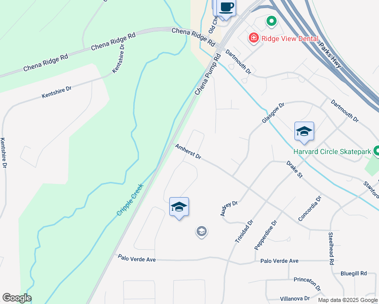map of restaurants, bars, coffee shops, grocery stores, and more near 5098 Amherst Drive in Fairbanks