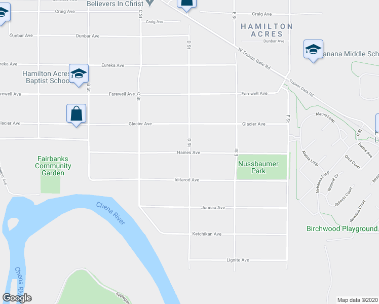 map of restaurants, bars, coffee shops, grocery stores, and more near 100 D Street in Fairbanks