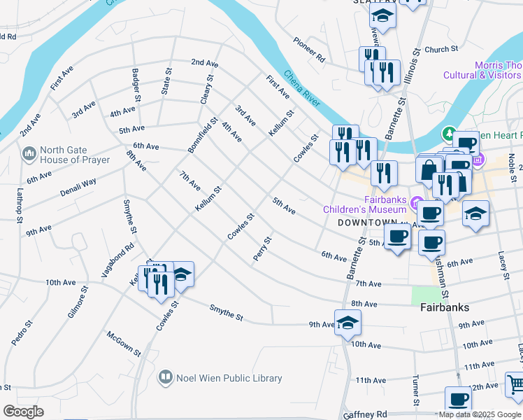 map of restaurants, bars, coffee shops, grocery stores, and more near 515 Cowles Street in Fairbanks