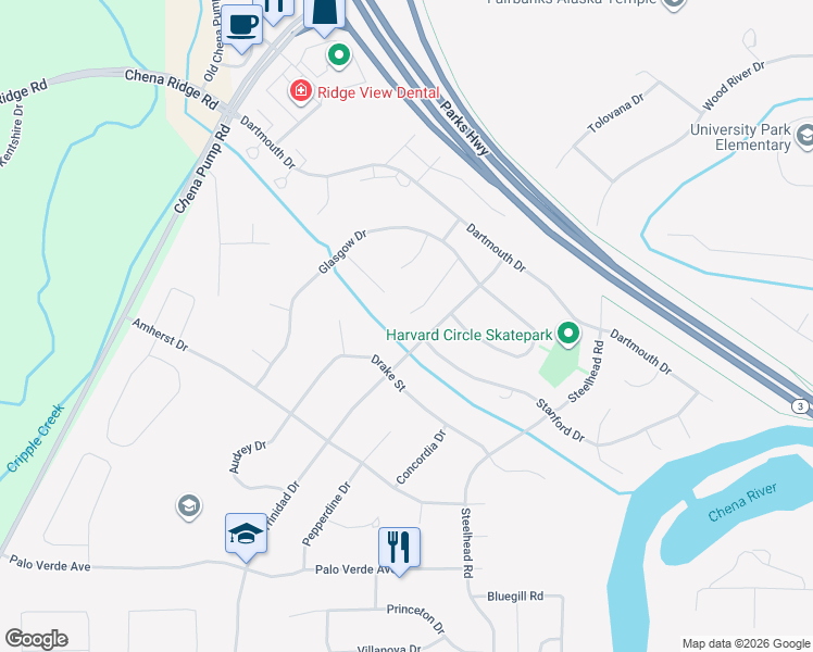 map of restaurants, bars, coffee shops, grocery stores, and more near 4800 Drake Street in Fairbanks