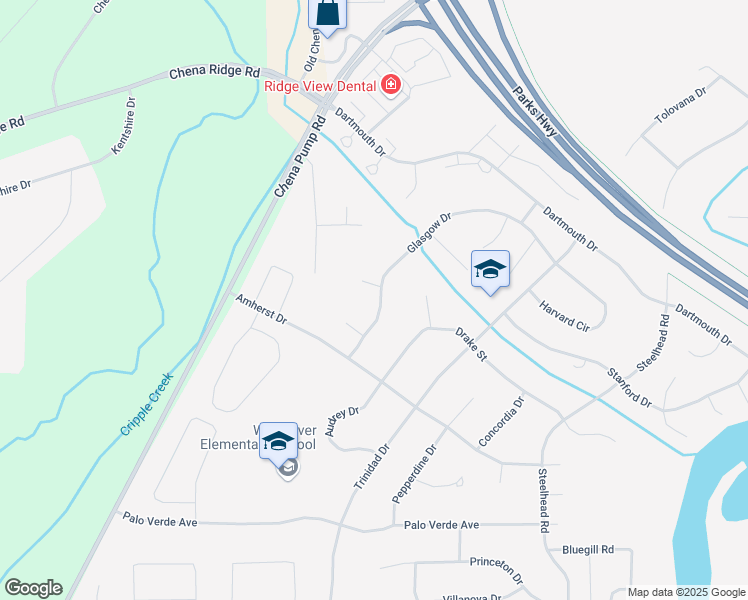 map of restaurants, bars, coffee shops, grocery stores, and more near 4927 Glasgow Drive in Fairbanks