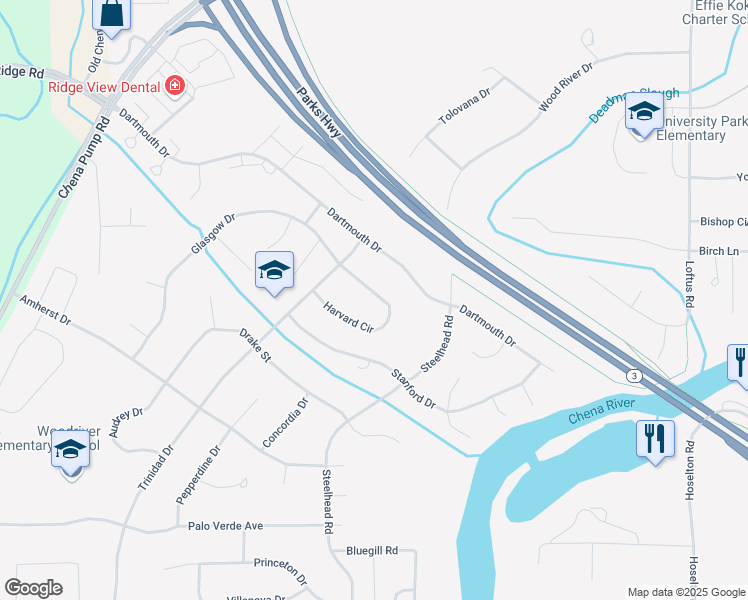 map of restaurants, bars, coffee shops, grocery stores, and more near 4627 Harvard Circle in Fairbanks