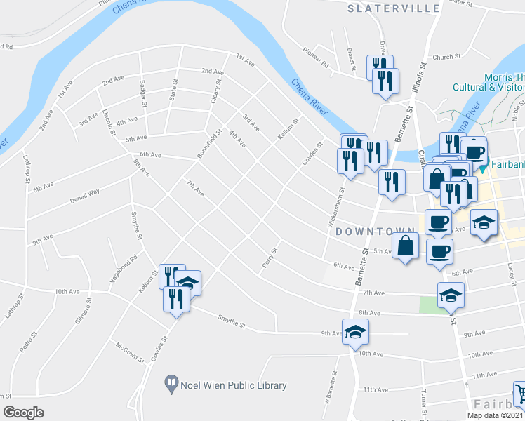 map of restaurants, bars, coffee shops, grocery stores, and more near 923 5th Avenue in Fairbanks