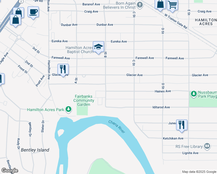 map of restaurants, bars, coffee shops, grocery stores, and more near 220 Haines Avenue in Fairbanks