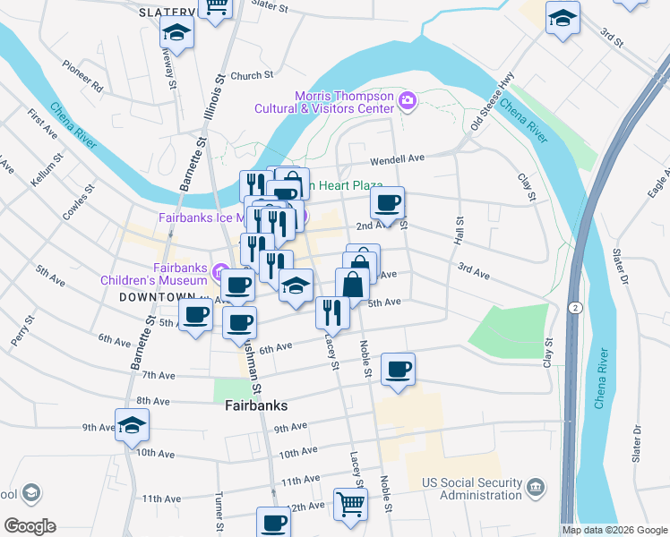 map of restaurants, bars, coffee shops, grocery stores, and more near 330 4th Avenue in Fairbanks