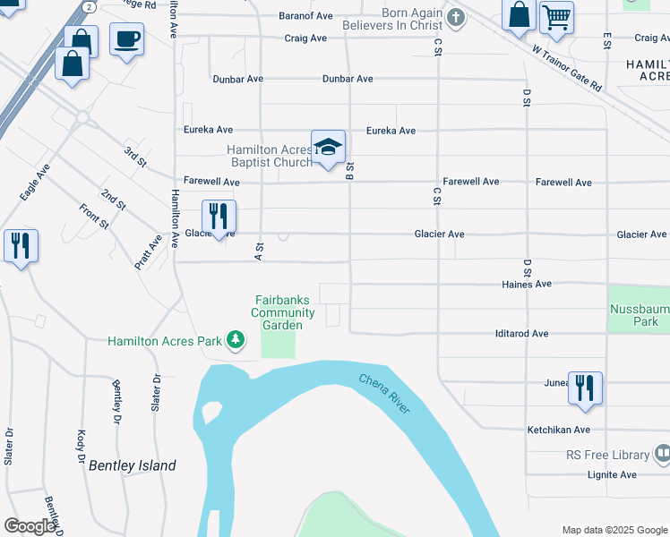 map of restaurants, bars, coffee shops, grocery stores, and more near 200 Glacier Avenue in Fairbanks