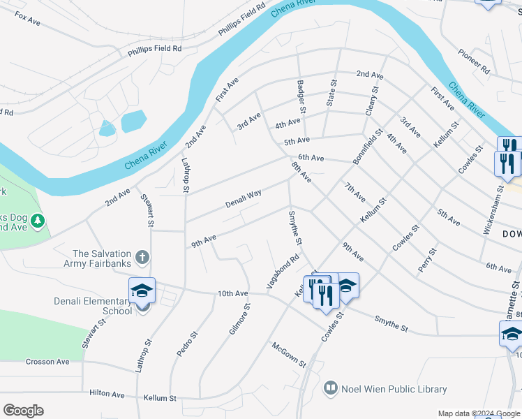 map of restaurants, bars, coffee shops, grocery stores, and more near 1208 Denali Way in Fairbanks