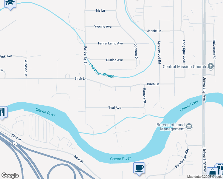 map of restaurants, bars, coffee shops, grocery stores, and more near 4064 Birch Lane in Fairbanks