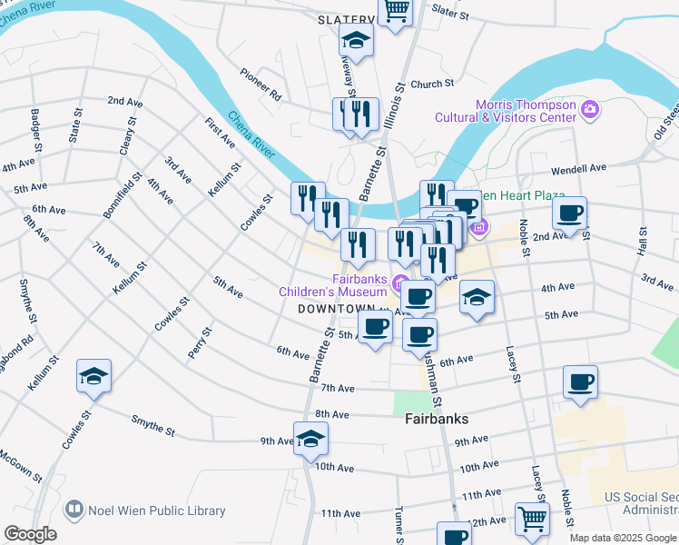 map of restaurants, bars, coffee shops, grocery stores, and more near 706 3rd Avenue in Fairbanks