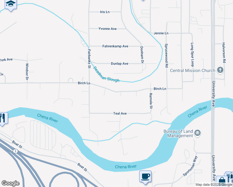map of restaurants, bars, coffee shops, grocery stores, and more near 4064 Birch Lane in Fairbanks