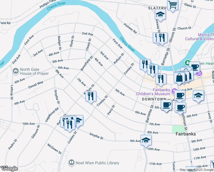 map of restaurants, bars, coffee shops, grocery stores, and more near 923 5th Avenue in Fairbanks