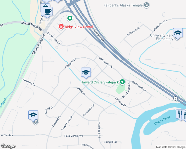 map of restaurants, bars, coffee shops, grocery stores, and more near 124 Carlyle Way in Fairbanks
