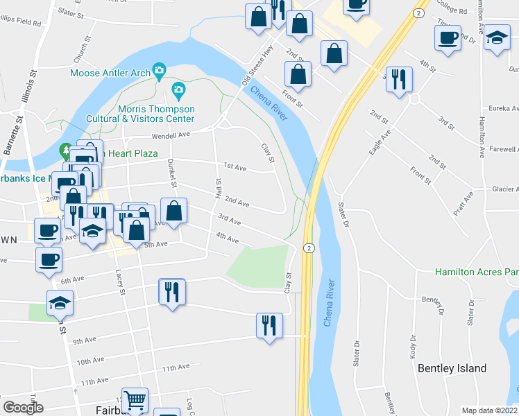 map of restaurants, bars, coffee shops, grocery stores, and more near 126 2nd Avenue in Fairbanks