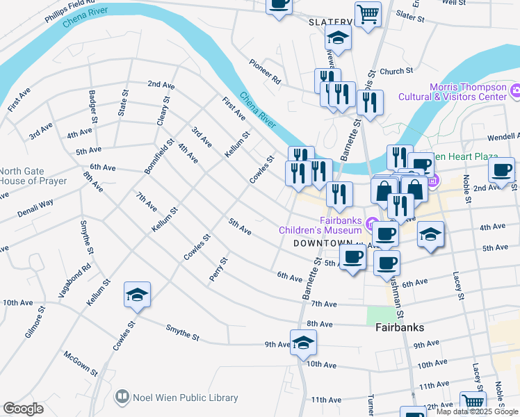 map of restaurants, bars, coffee shops, grocery stores, and more near 830 4th Avenue in Fairbanks