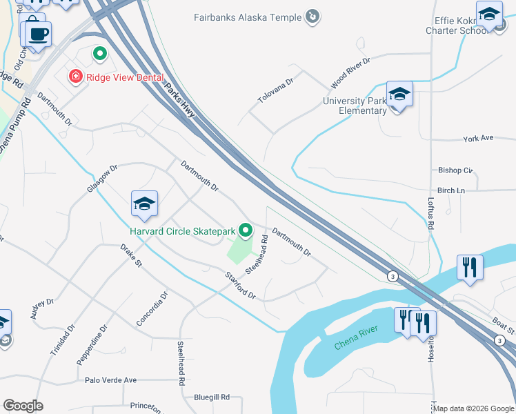 map of restaurants, bars, coffee shops, grocery stores, and more near 310 Steelhead Road in Fairbanks
