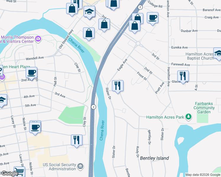 map of restaurants, bars, coffee shops, grocery stores, and more near 73 Slater Drive in Fairbanks