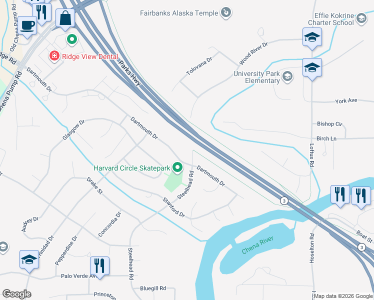 map of restaurants, bars, coffee shops, grocery stores, and more near 310 Steelhead Road in Fairbanks