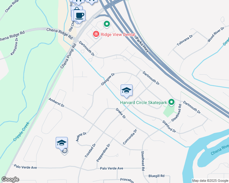 map of restaurants, bars, coffee shops, grocery stores, and more near 164 Syracuse Court in Fairbanks