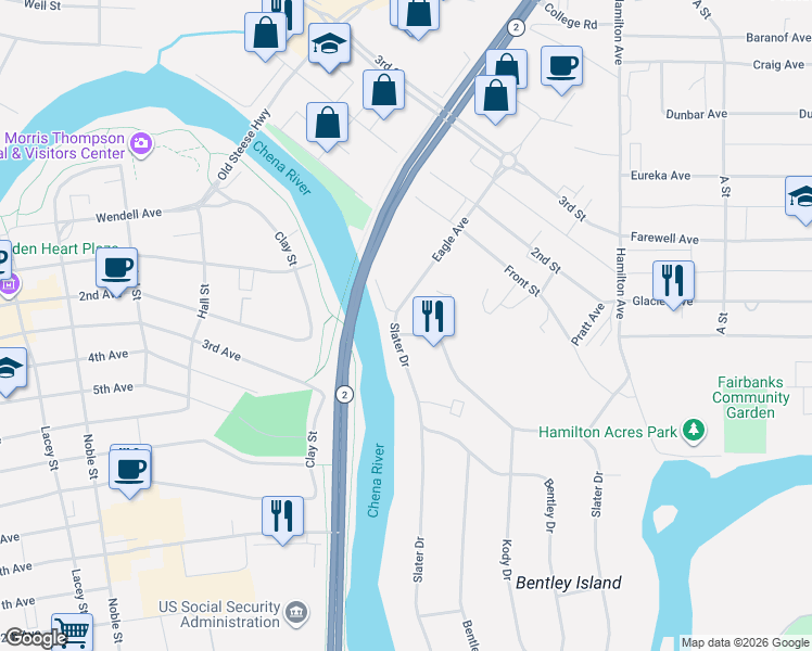 map of restaurants, bars, coffee shops, grocery stores, and more near 75 Slater Drive in Fairbanks