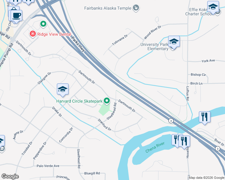 map of restaurants, bars, coffee shops, grocery stores, and more near 310 Steelhead Road in Fairbanks
