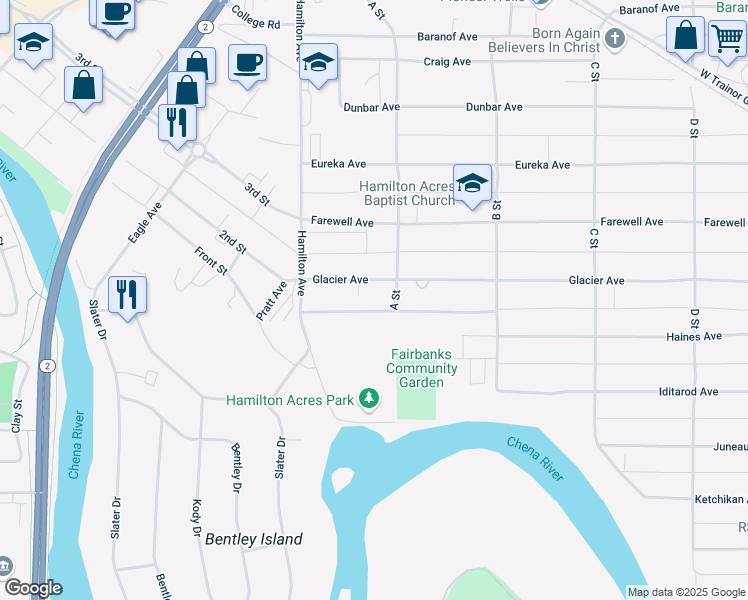 map of restaurants, bars, coffee shops, grocery stores, and more near 95 Glacier Avenue in Fairbanks