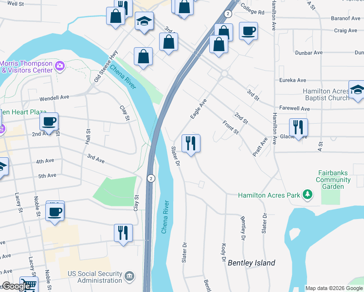 map of restaurants, bars, coffee shops, grocery stores, and more near 73 Slater Drive in Fairbanks