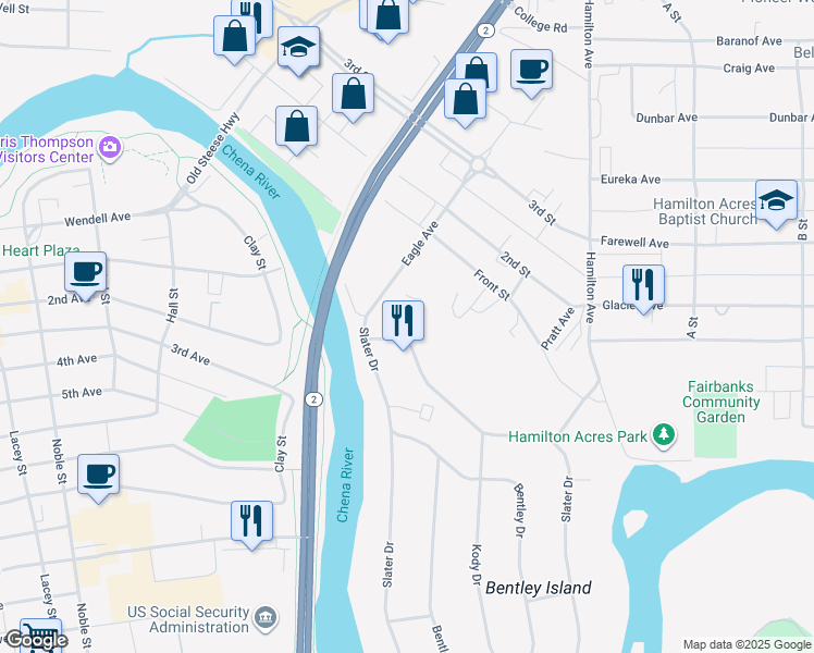 map of restaurants, bars, coffee shops, grocery stores, and more near 674 Slater Drive in Fairbanks