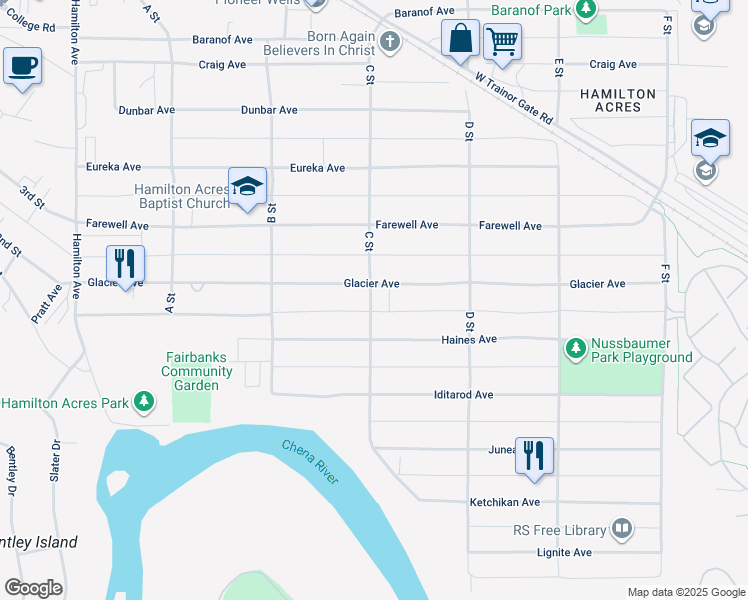map of restaurants, bars, coffee shops, grocery stores, and more near 151 C Street in Fairbanks