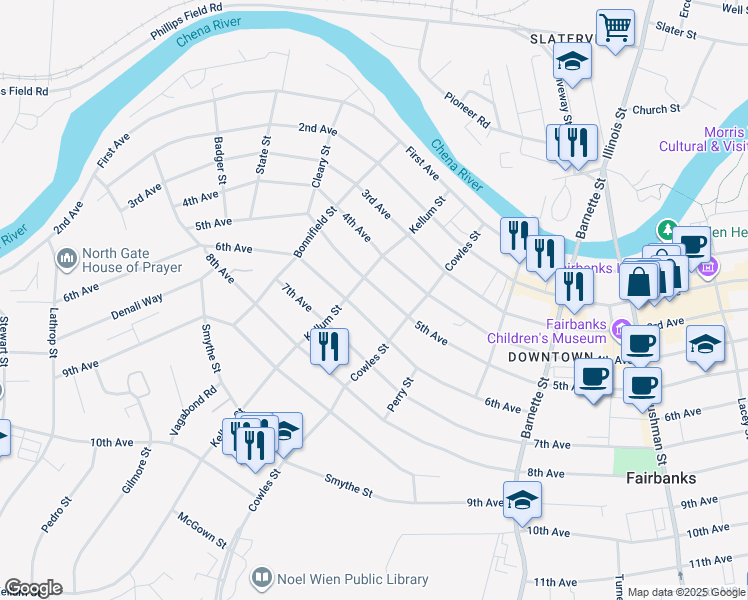 map of restaurants, bars, coffee shops, grocery stores, and more near 923 5th Avenue in Fairbanks
