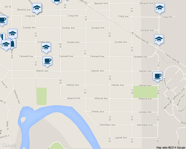 map of restaurants, bars, coffee shops, grocery stores, and more near 333 Glacier Avenue in Fairbanks
