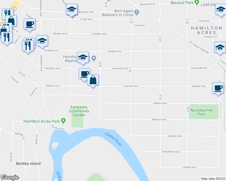 map of restaurants, bars, coffee shops, grocery stores, and more near 232 Haines Avenue in Fairbanks