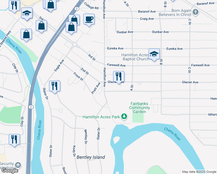 map of restaurants, bars, coffee shops, grocery stores, and more near 15 Glacier Avenue in Fairbanks