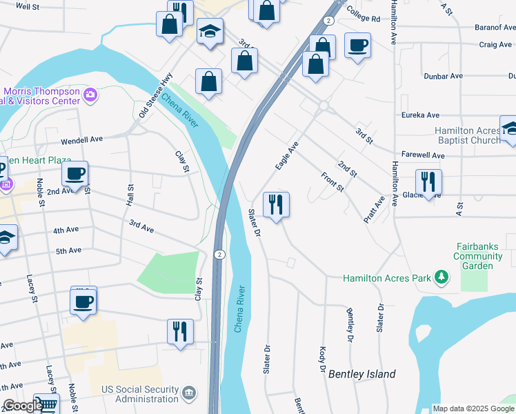 map of restaurants, bars, coffee shops, grocery stores, and more near 73 Slater Drive in Fairbanks